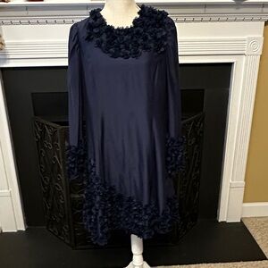 Sail to Sable Elegant Navy Blue Dress with Floral Accents